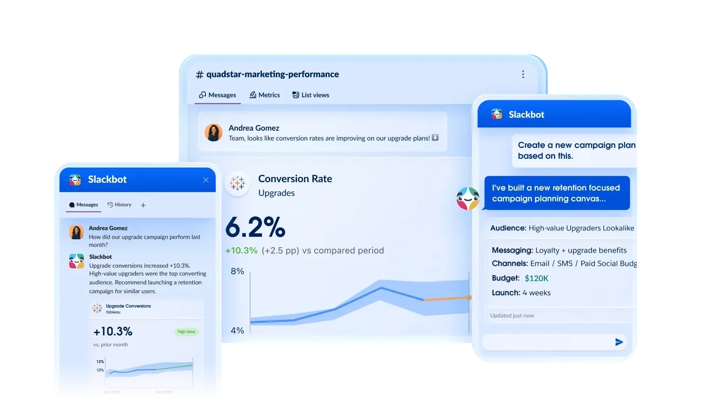 Marketing Cloud Next: Ein Agent meldet in Slack die Konversionsrate und schlägt einen Kampagnenplan mit Zielgruppe, Botschaft, Kanälen und Budget vor (Oberfläche: Salesforce)