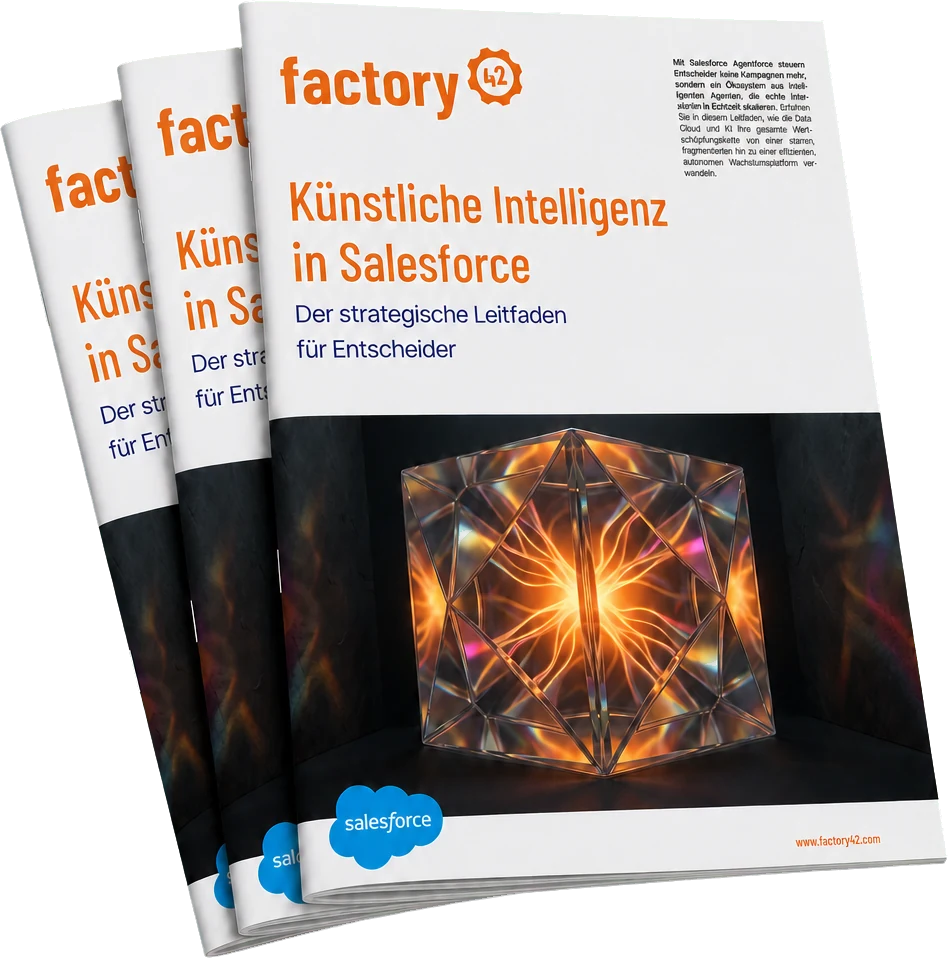 Gedruckte Exemplare des factory42-Whitepapers „Künstliche Intelligenz in Salesforce“
