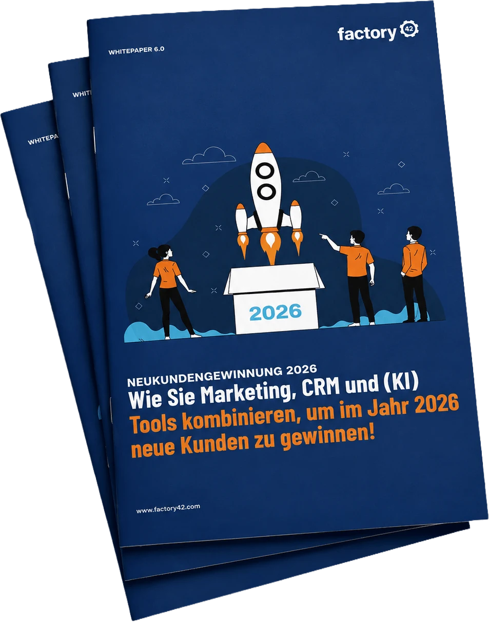Gedruckte Exemplare des factory42-Whitepapers „Neukundengewinnung 2026“