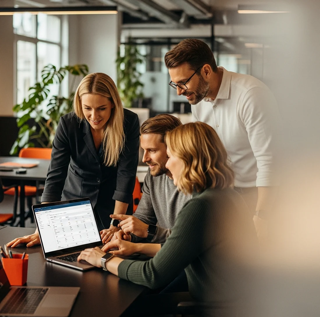 Berater mit Brille arbeitet konzentriert am Laptop im Büro